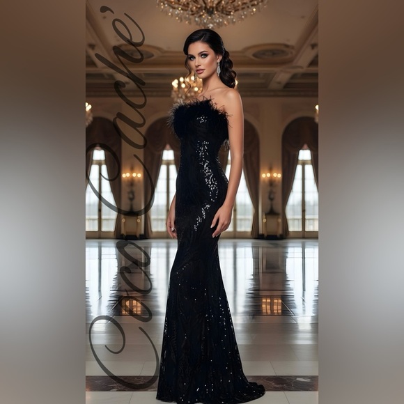 Elegant Black Strapless Backless Feather Mermaid Cocktail Maxi Party Dress - Picture 1 of 16